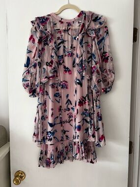 Tanya Taylor Pink Floral Ruffle Dress with Blue & Magenta Accents